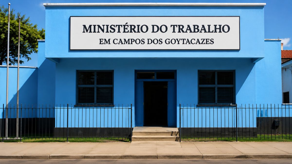 Fotografia da fachada azul do Ministério do Trabalho em Campos dos Goytacazes com uma grande placa branca de identificação na entrada.