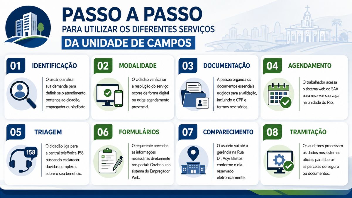 Infográfico explicativo com fundo branco e azul apresentando oito cartões numerados e ilustrados com ícones sobre o fluxo de atendimento na Gerência Regional.
