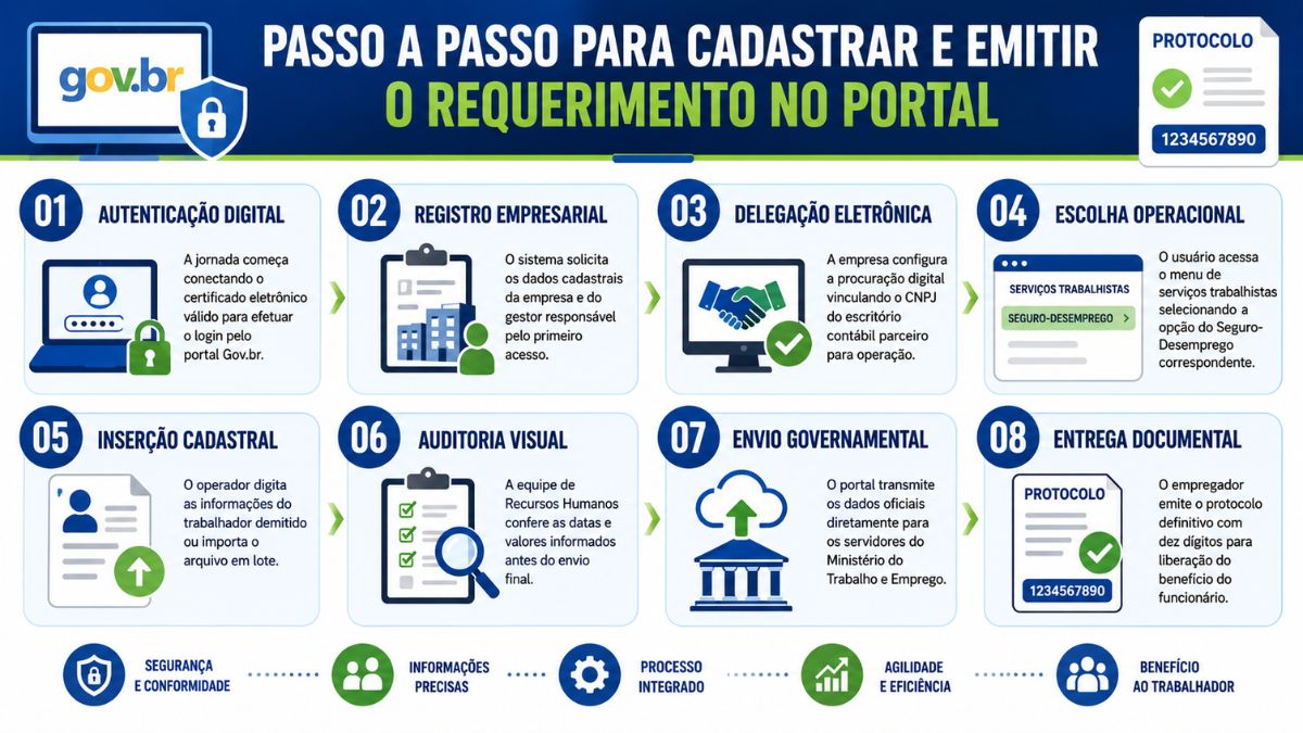 Infográfico azul e branco detalhando oito etapas sequenciais para emissão de requerimento trabalhista corporativo através do sistema digital do governo.