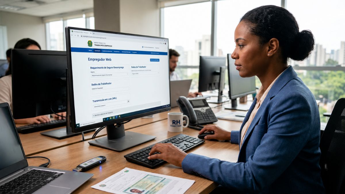 Mulher negra profissional de Recursos Humanos sentada em escritório corporativo operando o sistema Empregador Web em um monitor de computador.