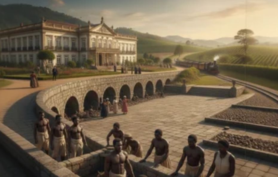 Ilustração histórica de uma fazenda de café no século dezenove mostrando escravizados trabalhando em estruturas de pedra em primeiro plano enquanto um palacete neoclássico e uma locomotiva a vapor aparecem ao fundo.
