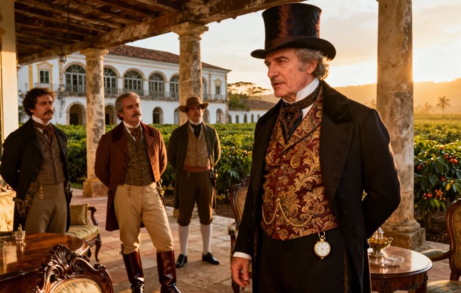 Fotografia de época mostrando quatro homens em trajes aristocráticos do século XIX na varanda de uma fazenda de café. Um barão do café mais velho, de cartola e colete ornamentado, está em destaque, conversando com os outros três, com a casa grande e os cafezais ao fundo sob a luz do entardecer.