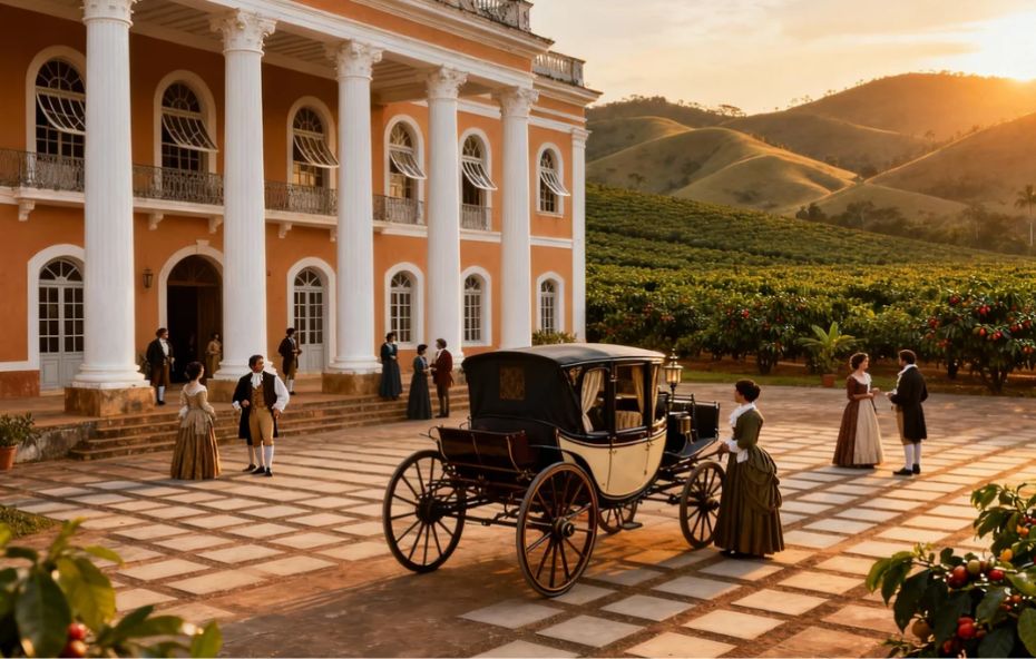 Cena de uma fazenda de café do século XIX no Brasil, mostrando um casarão de estilo neoclássico, uma carruagem antiga no pátio, e nobres da época conversando, com cafezais e montanhas ao fundo durante o pôr do sol.