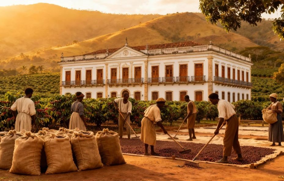Fotografia de uma fazenda de café no Brasil do século XIX, mostrando trabalhadores negros secando grãos de café em um terreiro em frente a um grande casarão colonial, com morros cobertos de cafezais ao fundo sob uma luz dourada.