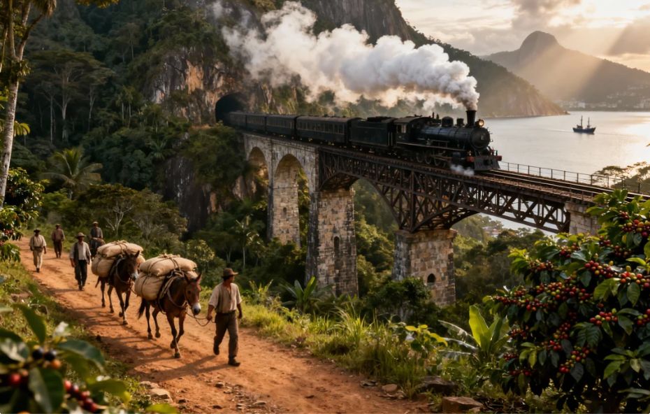 Imagem panorâmica mostrando a transição da logística do café no Brasil do século XIX. Uma locomotiva a vapor preta cruza um alto viaduto de pedra, enquanto abaixo, em uma estrada de terra, uma tropa de mulas carregadas com sacos de café segue seu caminho. A cena é emoldurada pela Mata Atlântica, com a Baía de Guanabara ao fundo sob a luz do entardecer.