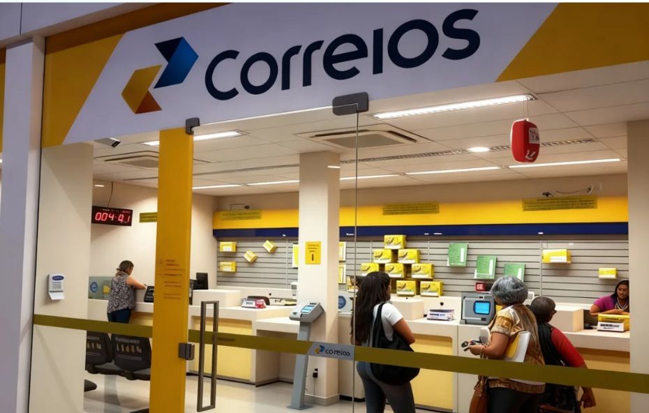 Interior de uma agência dos Correios com clientes sendo atendidos nos balcões, ambiente organizado, identidade visual amarela e azul e funcionários realizando serviços postais em Mendes RJ.