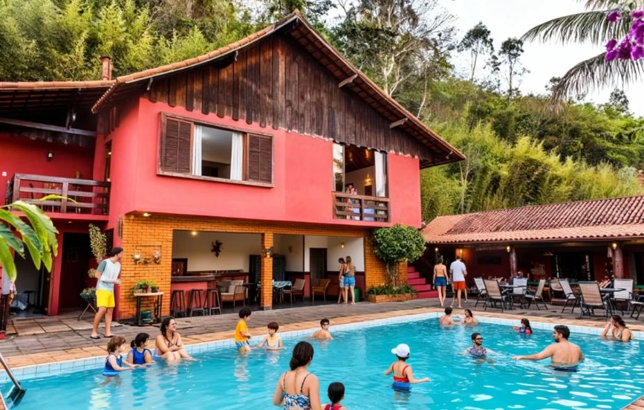 Fotografia de uma piscina azul repleta de hóspedes em frente a um casarão de dois andares com paredes vermelhas e tijolos aparentes cercado por vegetação densa.