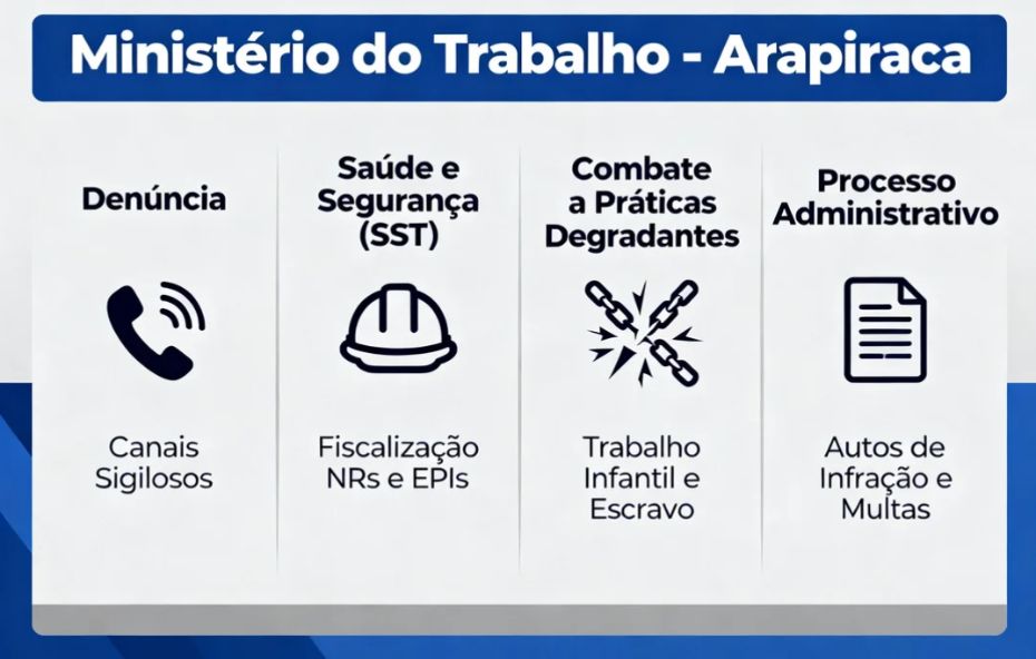 Infográfico institucional sobre a atuação do Ministério do Trabalho em Arapiraca. A imagem possui um título principal e é dividida em quatro seções verticais com fundo branco e texto preto. A primeira seção, Denúncia, mostra um ícone de telefone e o texto Canais Sigilosos. A segunda, Saúde e Segurança (SST), tem um ícone de capacete de segurança e o texto Fiscalização NRs e EPIs. A terceira, Combate a Práticas Degradantes, exibe um ícone de correntes se quebrando e o texto Trabalho Infantil e Escravo. A quarta, Processo Administrativo, apresenta um ícone de documento e o texto Autos de Infração e Multas.