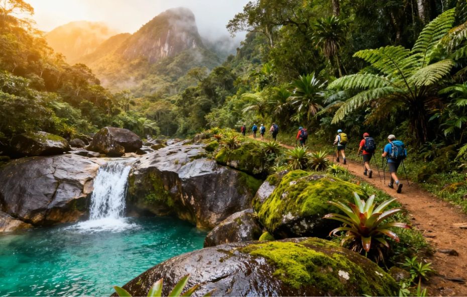 Grupo de ecoturistas equipados com mochilas caminha por uma trilha de terra na Mata Atlântica. Ao lado do caminho, um rio forma uma pequena cachoeira que deságua em um poço de água azul turquesa. A paisagem é composta por grandes rochas com musgo, bromélias, samambaias e montanhas cobertas por floresta ao fundo.