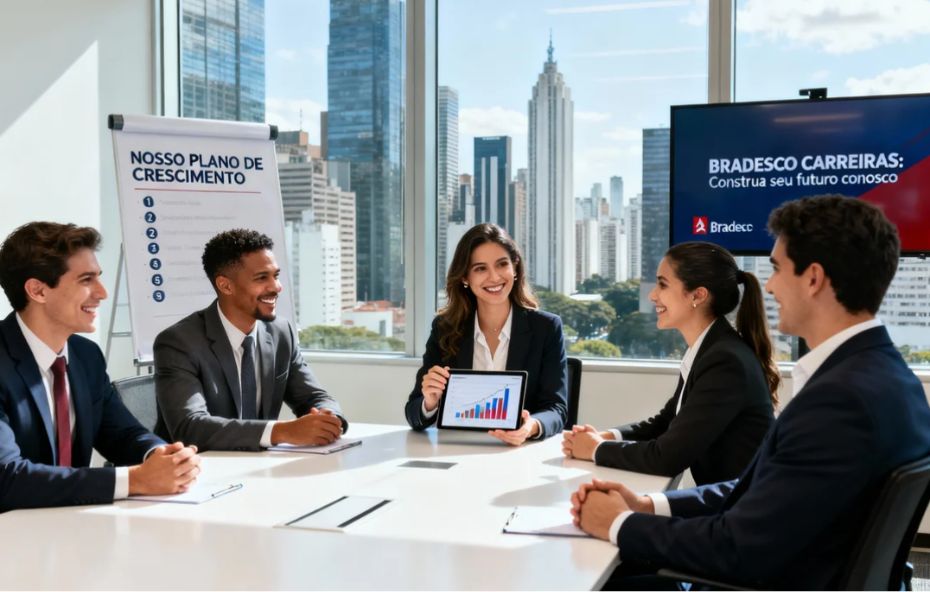 Cinco jovens executivos em uma reunião em um escritório moderno com vista para a cidade. Uma mulher apresenta um gráfico em um tablet, enquanto um flipchart mostra "Nosso Plano de Crescimento" e uma tela exibe "Bradesco Carreiras: Construa seu futuro conosco".