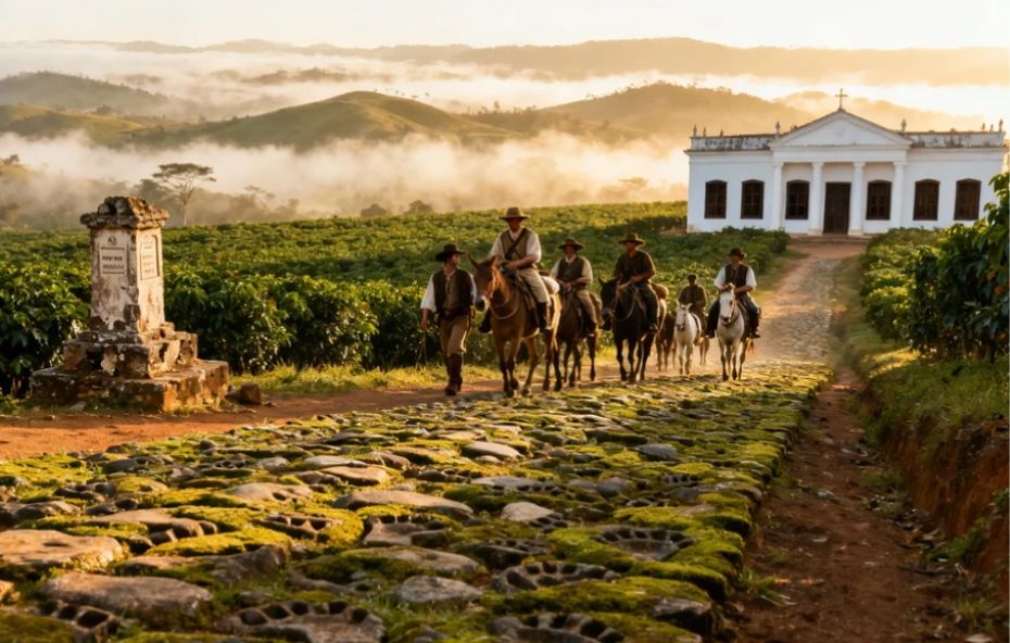 Grupo de tropeiros a cavalo percorre o Caminho Novo da Estrada Real, uma via de pedras irregulares cercada por extensos cafezais. Ao fundo, uma igreja de arquitetura colonial se destaca contra os morros enevoados do Vale do Café ao amanhecer.