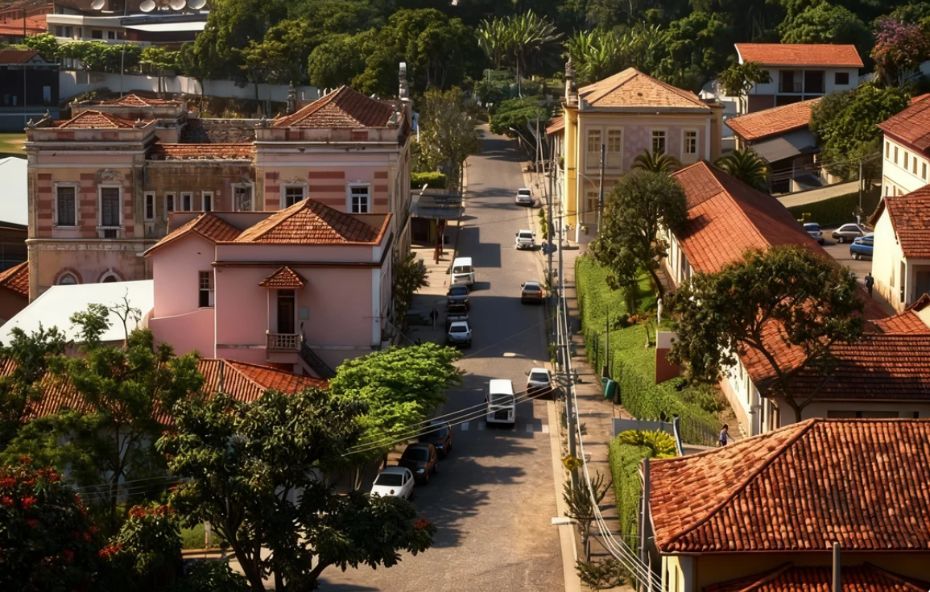 Vista elevada de uma rua histórica em Rio das Flores, com casarões coloniais coloridos, árvores, e carros circulando e estacionados ao longo da via.