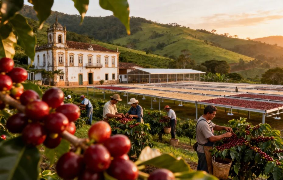 Imagem panorâmica de uma fazenda de café no Vale do Café. Em primeiro plano, um galho de cafeeiro com frutos vermelhos e maduros. Ao centro, trabalhadores realizam a colheita manual. Ao fundo, uma sede de fazenda em estilo colonial, terreiros suspensos para secagem de grãos e morros verdes iluminados pela luz do entardecer.