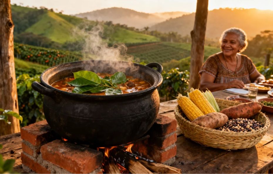 Uma panela de barro preta com um ensopado fumegante está sobre um fogão a lenha. Ao lado, uma cesta de palha contém milho, batata doce e feijão. Ao fundo, uma senhora negra sorri sentada à mesa, com uma paisagem de montanhas verdes e plantações ao pôr do sol.
