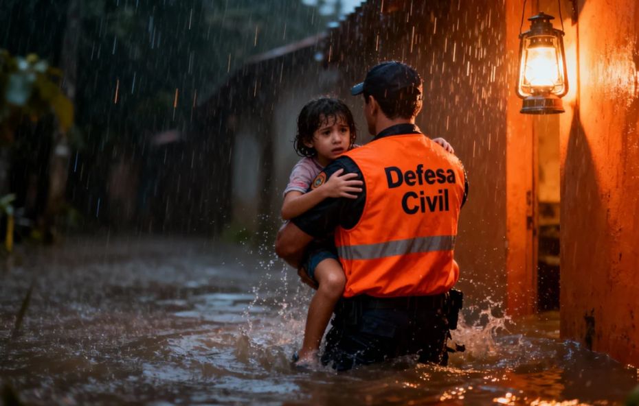 Agente da Defesa Civil carrega uma criança no colo em área alagada durante chuva intensa à noite mostrando ação de resgate e proteção à população