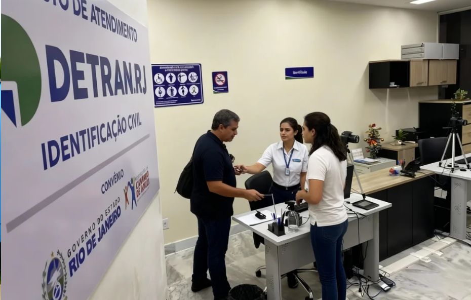 Atendimento do Detran RJ em Mendes com servidores auxiliando cidadão em posto de identificação civil dentro da unidade