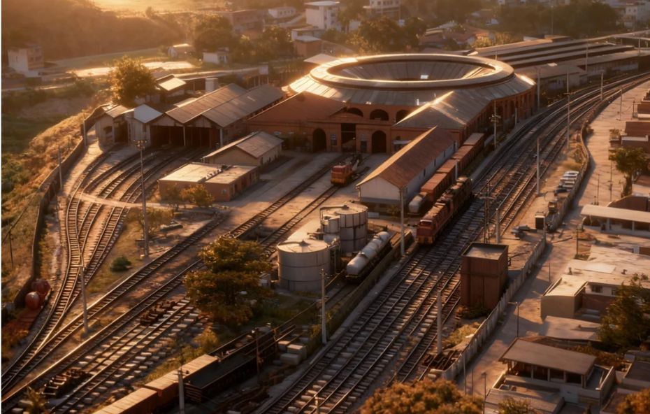 Fotografia aérea do complexo ferroviário de Barra do Piraí. A imagem exibe a rotunda histórica, múltiplos trilhos que se cruzam, trens de carga parados e o cenário iluminado pela luz quente do final da tarde.