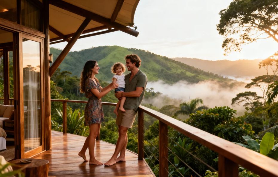 Um casal jovem e uma criança pequena sorrindo em um deck de madeira de uma pousada de luxo com vista para as montanhas verdes e neblina matinal em Paty do Alferes