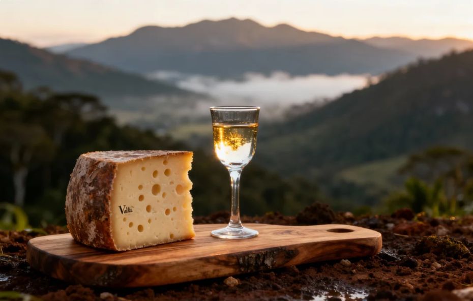 Fotografia de um pedaço de queijo artesanal e um copo de cachaça sobre uma tábua de madeira. Ao fundo, a paisagem montanhosa da Serra da Mantiqueira é vista ao amanhecer, com névoa nos vales.