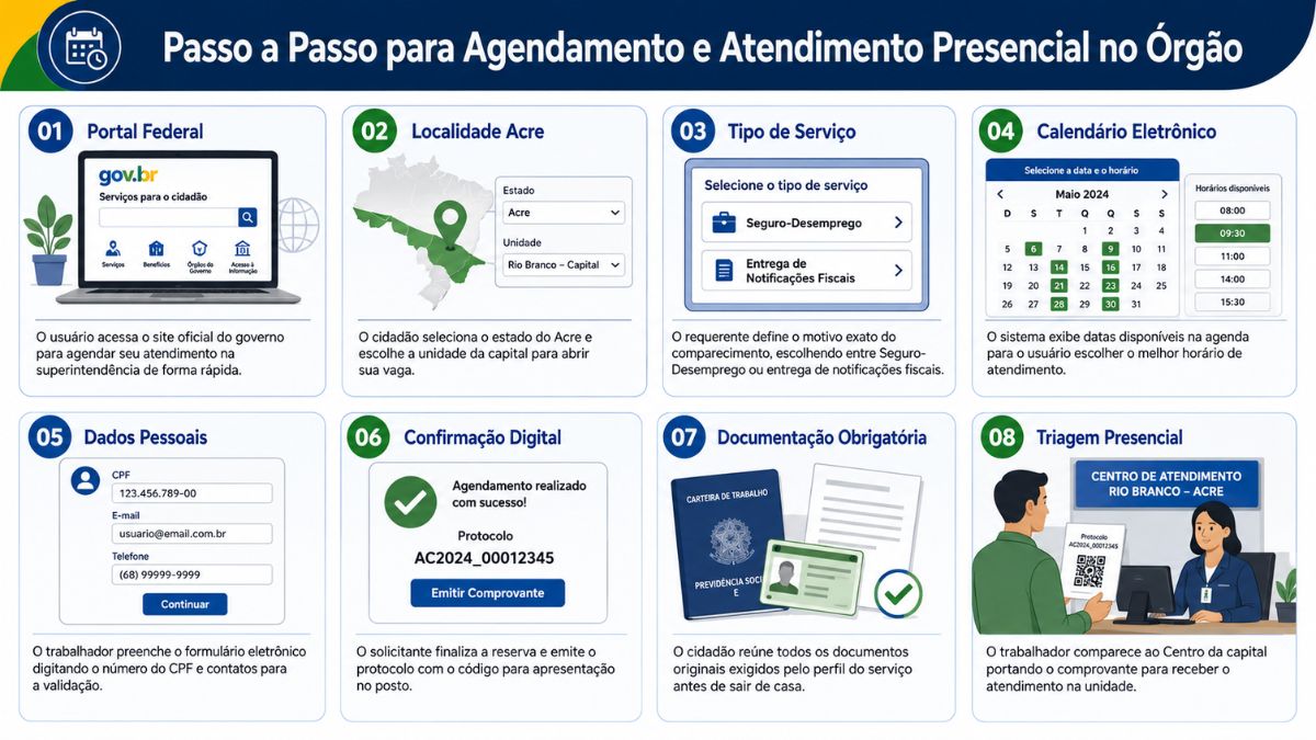 Infográfico explicativo dividido em oito quadros numerados detalhando as etapas de agendamento eletrônico e comparecimento presencial para serviços trabalhistas.
