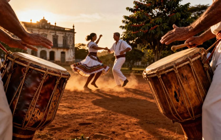 Fotografia de uma roda de Jongo ao entardecer. Em primeiro plano, dois grandes tambores de madeira. Ao centro, um casal dança em um chão de terra, levantando poeira. Ao fundo, uma antiga casa de fazenda sob a luz do sol poente.