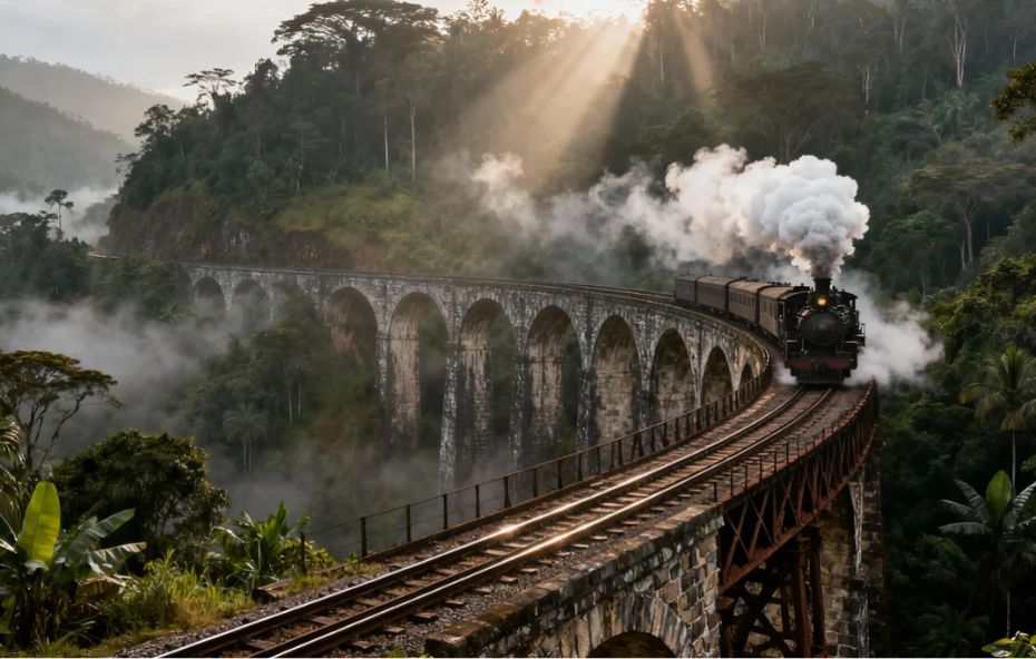 Uma antiga locomotiva a vapor soltando fumaça atravessa uma majestosa ponte de arcos de pedra que se curva sobre um vale verdejante e enevoado. A luz do sol atravessa as nuvens e a vegetação densa ao fundo.