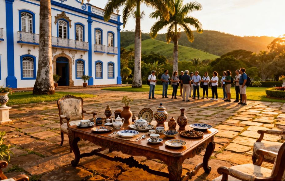Uma mesa de madeira entalhada com louças coloniais e bules de porcelana está em destaque no pátio de uma fazenda histórica enquanto ao fundo turistas participam de uma visita guiada sob a luz do pôr do sol entre palmeiras imperiais e montanhas.