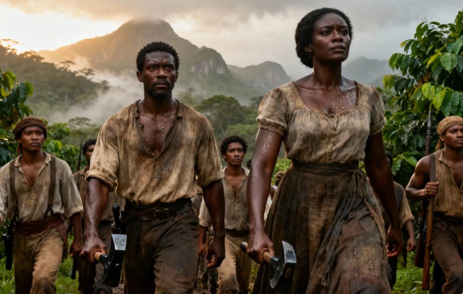 Representação histórica de Manoel Congo, um homem negro de olhar firme, e Marianna Crioula, uma mulher negra igualmente determinada, liderando uma revolta de pessoas escravizadas no Vale do Café. Eles caminham em meio à mata, seguidos por outros insurgentes, em uma cena que transmite força e a luta por liberdade.