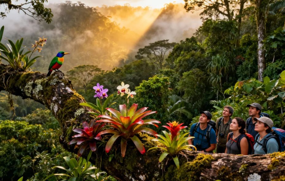 Grupo de cinco observadores de aves com mochilas olham para cima, maravilhados com uma ave colorida, a Saíra-Sete-Cores, pousada em um galho de árvore coberto de musgo, bromélias e orquídeas, tendo a Mata Atlântica enevoada ao fundo.