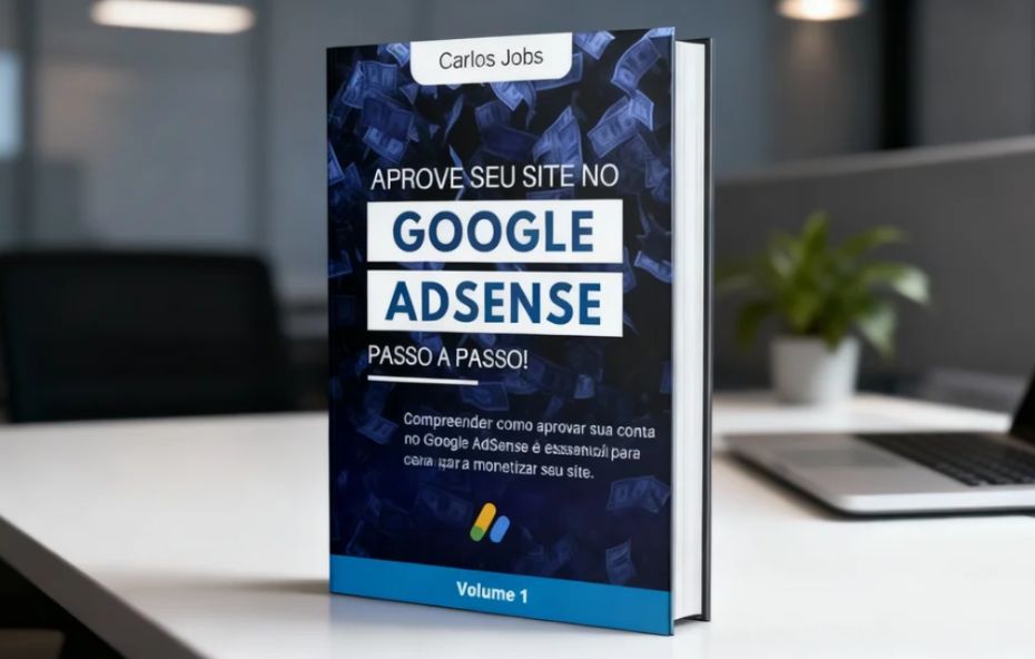 Capa do livro escrito por Carlos Jobs posicionado sobre uma mesa branca de escritório com um notebook ao fundo apresentando o título Aprove seu site no Google AdSense Passo a Passo em destaque sobre um fundo escuro com ilustrações de cédulas de dinheiro.