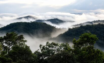 Montanhas cobertas por floresta densa de Mata Atlântica envoltas por neblina branca sob céu claro em Mendes, no Rio de Janeiro.