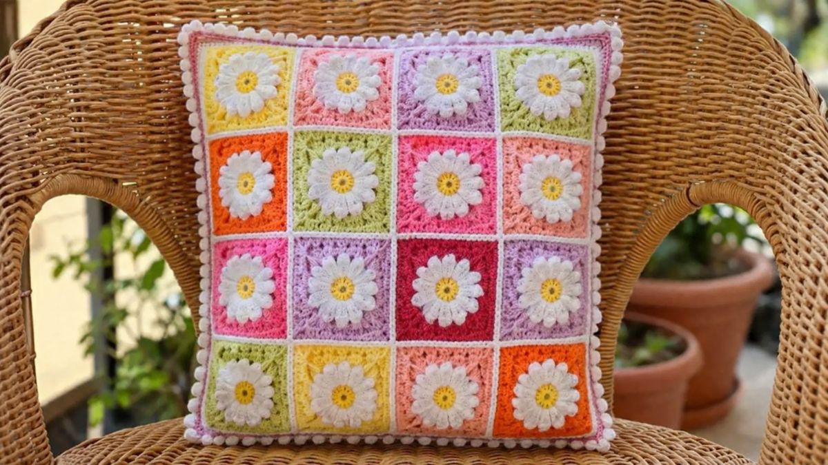 Almofada quadrada de crochê feita com quadradinhos coloridos e aplicação de margaridas brancas em relevo apoiada em cadeira de vime.