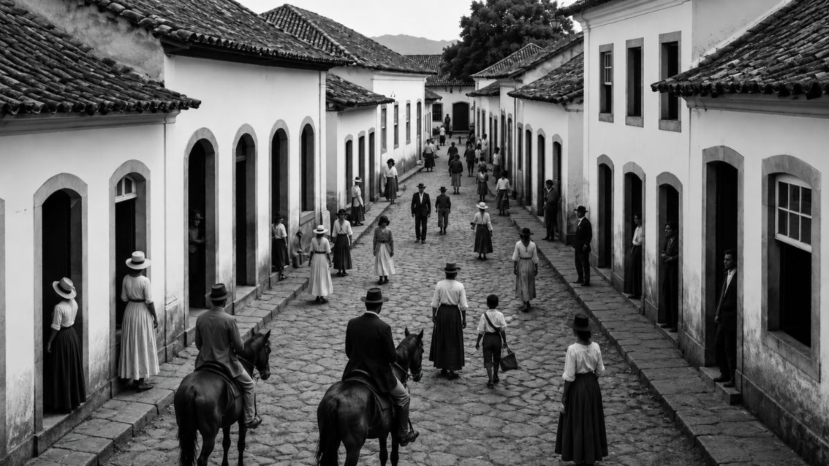 Rua antiga de calçamento de pedras com casarões coloniais brancos nas laterais, pessoas caminhando com roupas de época e homens montados a cavalo representando o início da urbanização.