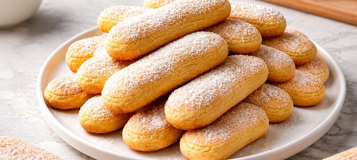 Prato branco raso empilhado com biscoitos champagne caseiros dourados e polvilhados com açúcar refinado em cima de uma bancada de mármore.