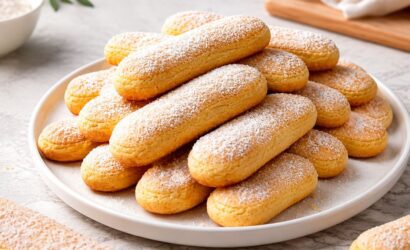 Prato branco raso empilhado com biscoitos champagne caseiros dourados e polvilhados com açúcar refinado em cima de uma bancada de mármore.