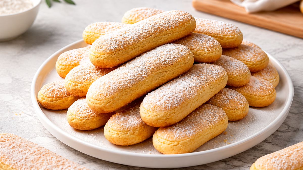 Prato branco raso empilhado com biscoitos champagne caseiros dourados e polvilhados com açúcar refinado em cima de uma bancada de mármore.