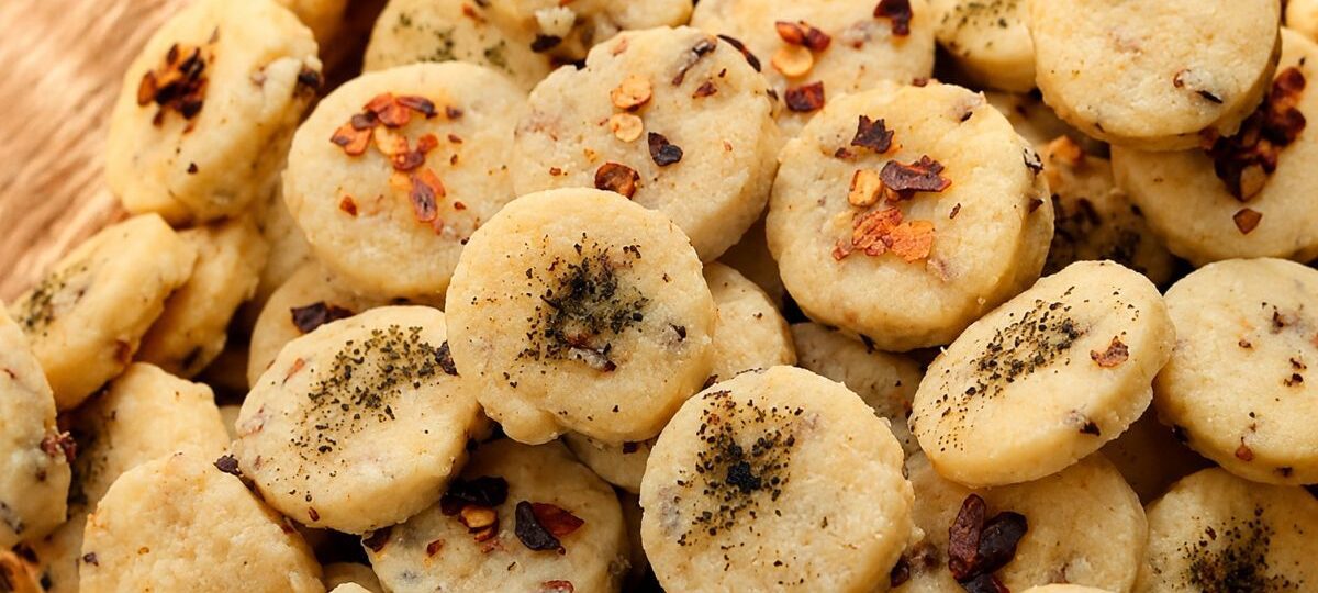 Biscoitos salgados caseiros amanteigados em formato redondo, polvilhados com ervas e pimenta em flocos, dispostos em uma cesta.