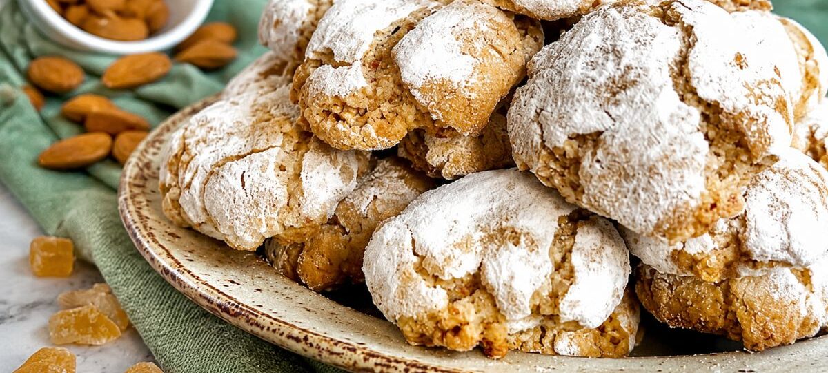Biscoitos caseiros de amêndoas com cobertura rústica de açúcar em pó polvilhado, dispostos em um prato de cerâmica sobre pano verde com amêndoas ao fundo.
