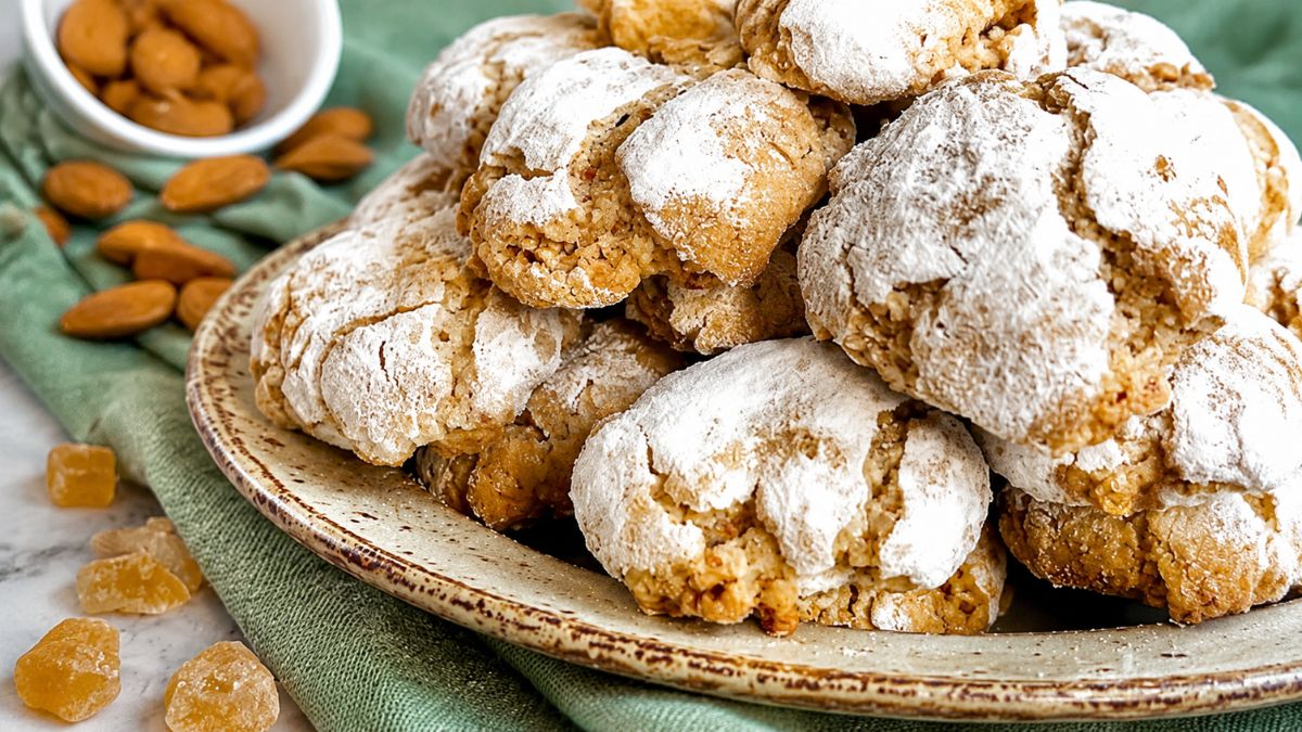 Biscoitos caseiros de amêndoas com cobertura rústica de açúcar em pó polvilhado, dispostos em um prato de cerâmica sobre pano verde com amêndoas ao fundo.