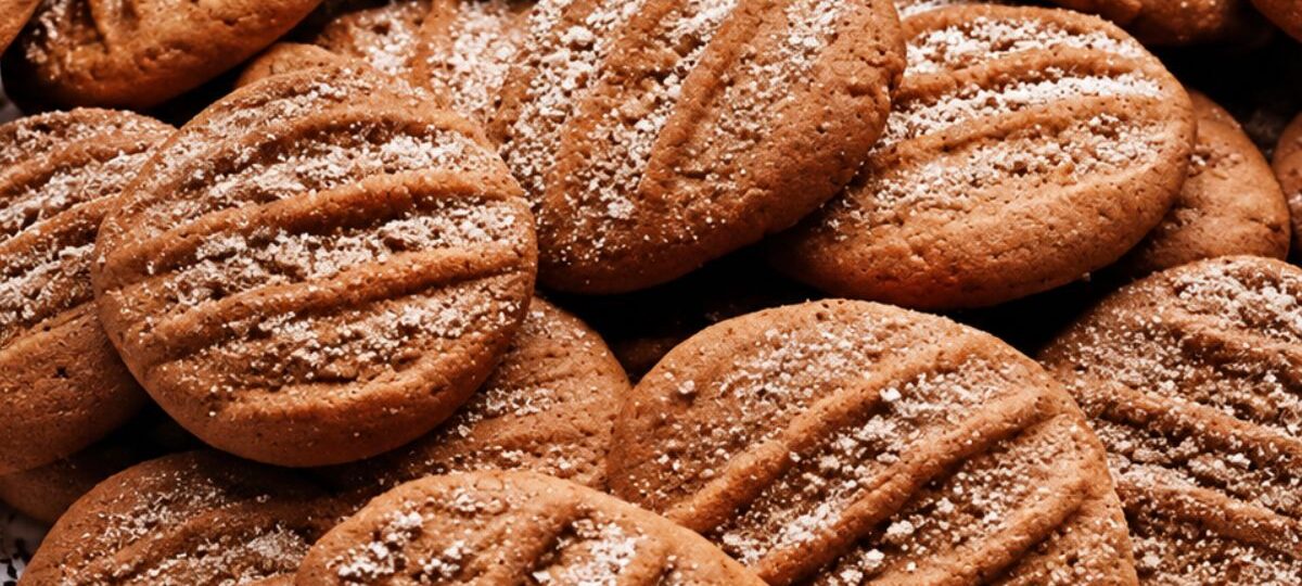 Vista aproximada de biscoitos de canela artesanais dourados com marcas de garfo e polvilhados com açúcar e canela.