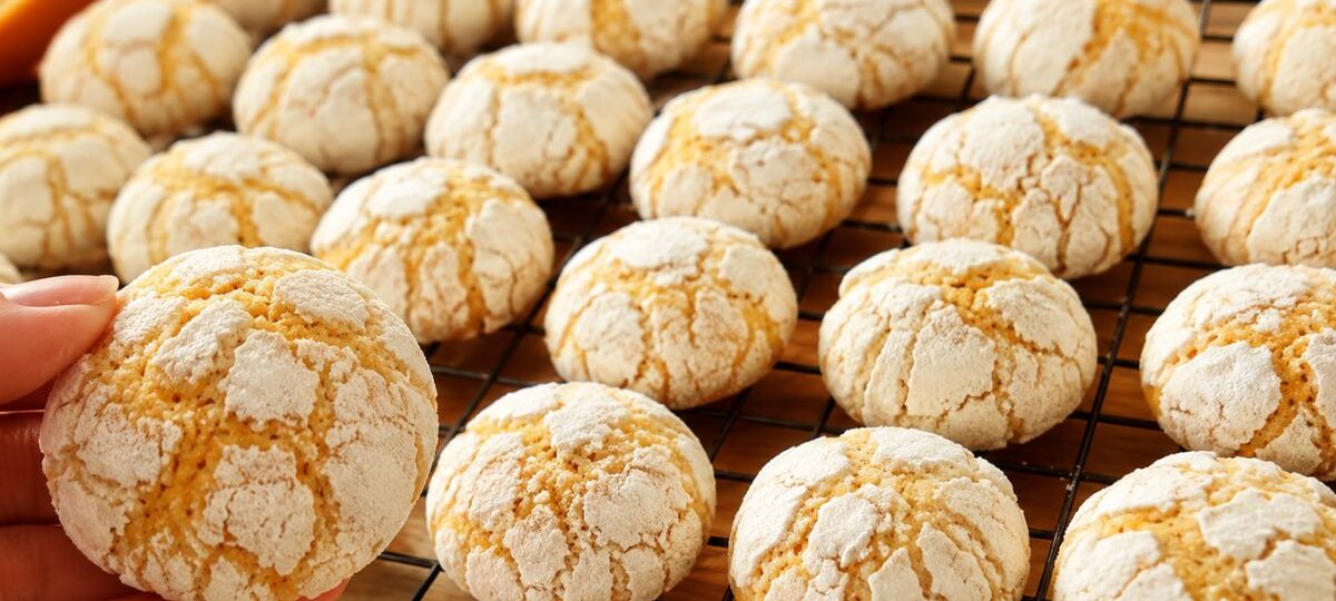 Uma fileira de biscoitos de laranja artesanais dourados e craquelados com açúcar de confeiteiro, dispostos sobre uma grade de resfriamento de metal preta em uma mesa de madeira. Uma mão segura um biscoito em primeiro plano.