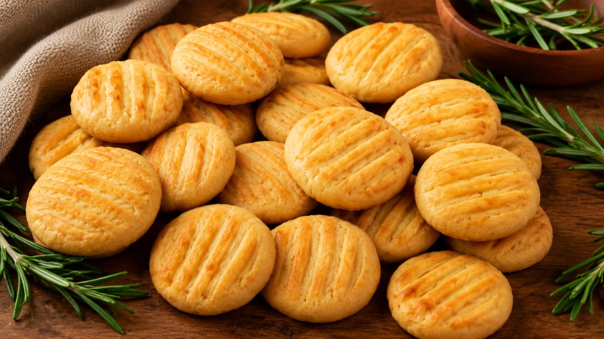 Biscoitos de cebola caseiros e crocantes marcados com garfo, dispostos em uma tábua de madeira rustica decorada com ramos de alecrim fresco.