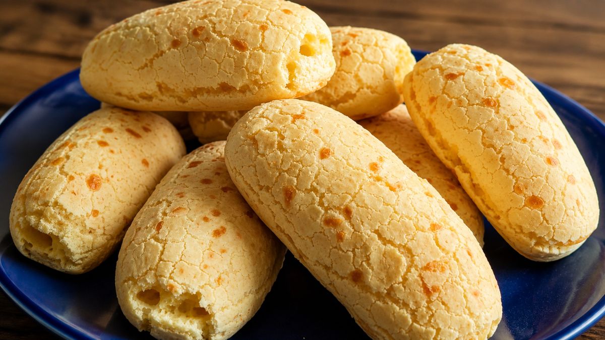 Biscoitos de tapioca assados e crocantes servidos em um prato azul sobre mesa de madeira rústica.