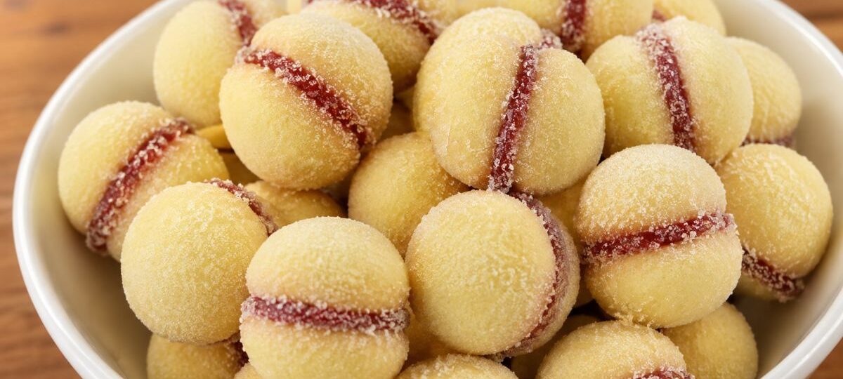 Tigela branca de cerâmica repleta de biscoitos casadinhos amanteigados recheados com goiabada vermelha e polvilhados com açúcar refinado, disposta sobre uma mesa de madeira.