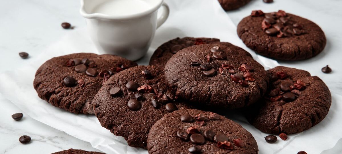 Uma pilha de biscoitos de chocolate caseiros redondos e achatados, cobertos com gotas de chocolate derretidas e pedaços rústicos de cacau cru, descansando sobre papel manteiga branco amassado em uma superfície de mármore claro. Ao fundo, uma pequena jarra de cerâmica branca contém leite fresco. Gotas de chocolate e cacau estão espalhadas pelo cenário.