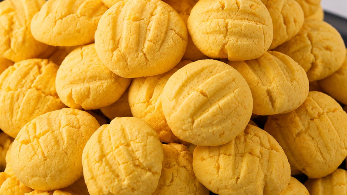 Close em uma pilha de biscoitos de maracujá caseiros amarelos redondos com marcas de garfo na parte superior.