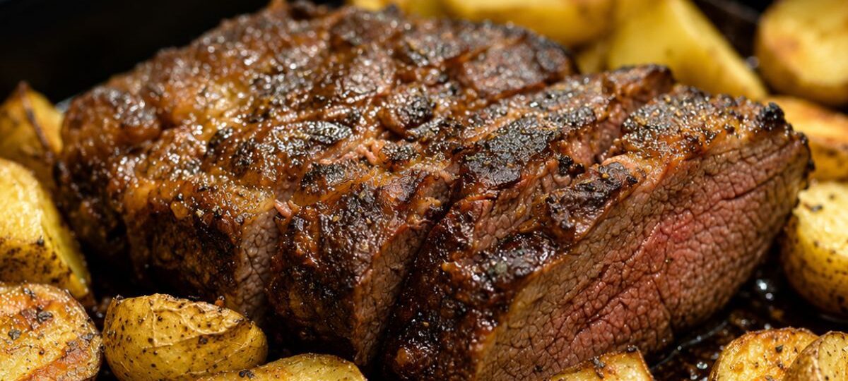 Fotografia de primeiro plano de uma peça suculenta de carne assada fatiada, cercada por batatas douradas e temperadas no forno, servida em uma assadeira preta.