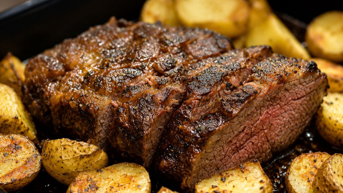 Fotografia de primeiro plano de uma peça suculenta de carne assada fatiada, cercada por batatas douradas e temperadas no forno, servida em uma assadeira preta.