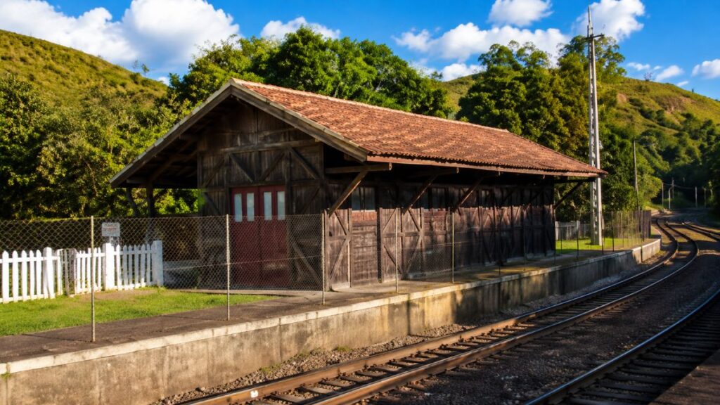 Fotografia colorida mostrando um galpão ferroviário histórico construído em madeira escura com telhado de barro sobre uma plataforma de concreto ao lado de trilhos de trem curvos em Mendes, Rio de Janeiro, exibindo detalhes da arquitetura modular com portas vermelhas de madeira, cercas de metal e madeira branca no lado esquerdo, sob um céu azul com nuvens e colinas verdes ao fundo.