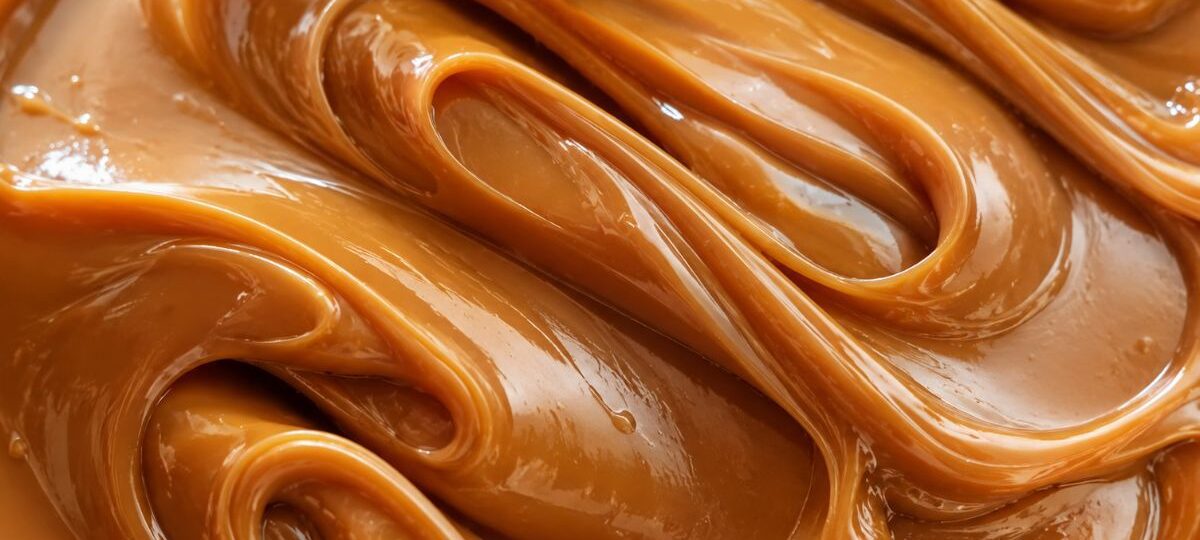 Close-up texturizado de doce de leite caseiro super cremoso e brilhante, mostrando as ondas suaves e a cor caramelo dourado de uma textura aveludada perfeita.